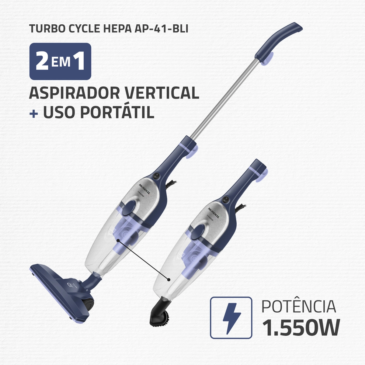 Aspirador de Pó Vertical Mondial Turbo Cycle Hepa Ap-41-bli 1550w Azul Escuro com Inox