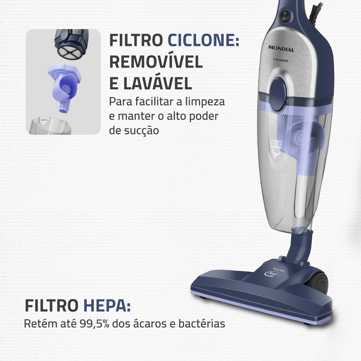 Aspirador de Pó Vertical Mondial Turbo Cycle Hepa Ap-41-bli 1550w Azul Escuro com Inox