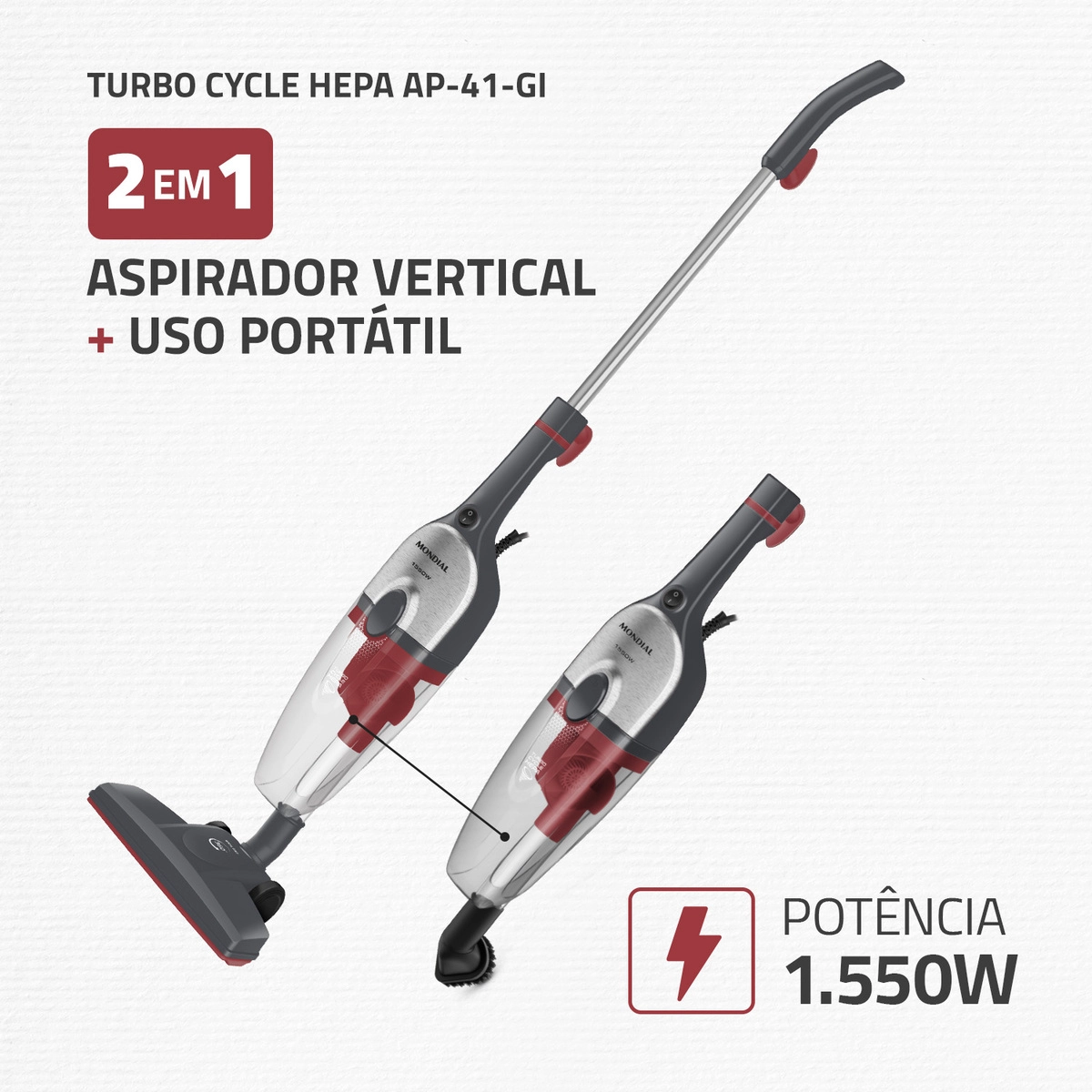 Aspirador de Pó Vertical Mondial Turbo Cycle Hepa Ap-41-gi 1550w Cinza com Inox