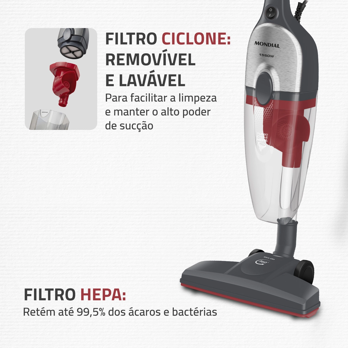 Aspirador de Pó Vertical Mondial Turbo Cycle Hepa Ap-41-gi 1550w Cinza com Inox