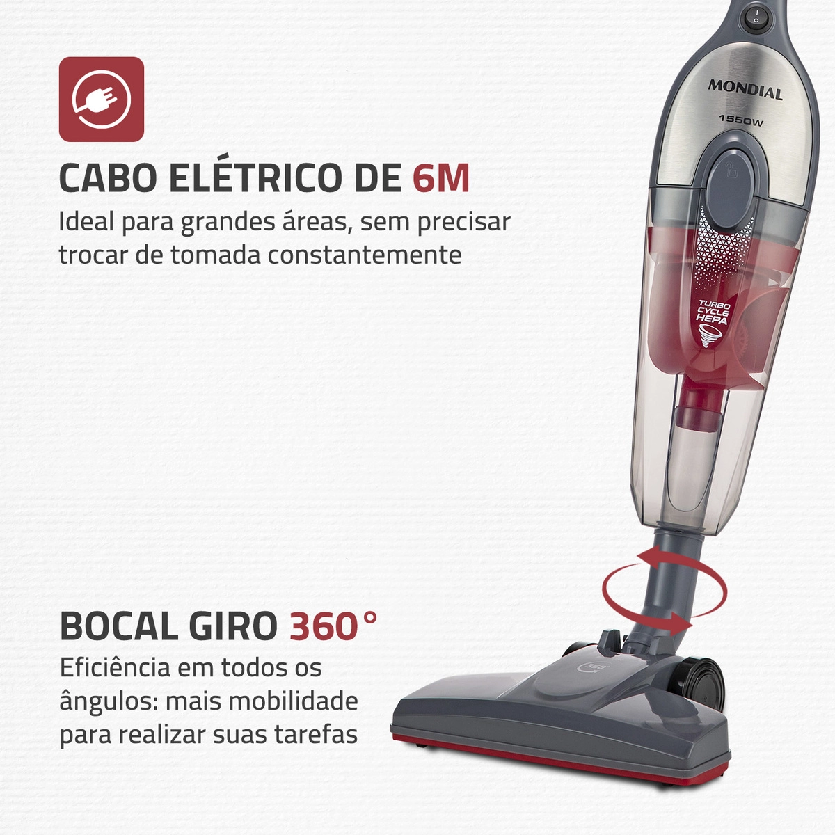 Aspirador de Pó Vertical Mondial Turbo Cycle Hepa Ap-41-gi 1550w Cinza com Inox