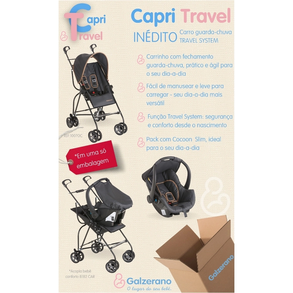 Carrinho de Bebê Capri Travel System Galzerano Onix com Bebê Conforto Caramelo