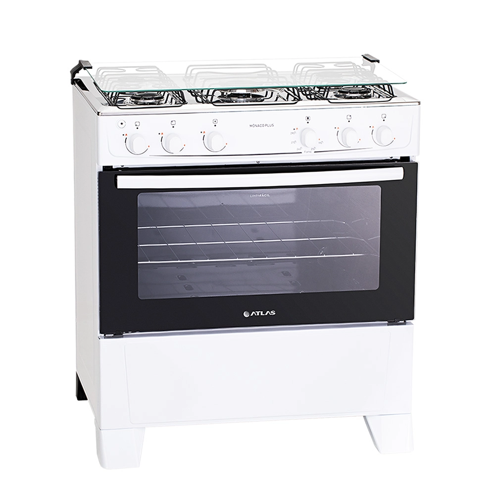Fogão 5 Bocas Atlas Mônaco Plus com Mesa Inox e Acendimento Automático Branco Bivolt