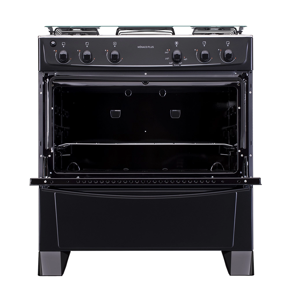 Fogão 5 Bocas Atlas Mônaco Plus com Mesa Inox e Acendimento Automático Preto Bivolt