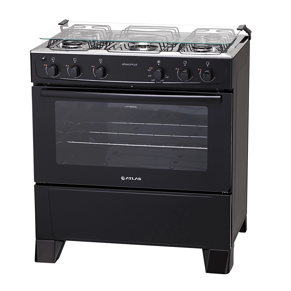 Fogão 5 Bocas Atlas Mônaco Plus com Mesa Inox e Acendimento Automático Preto Bivolt