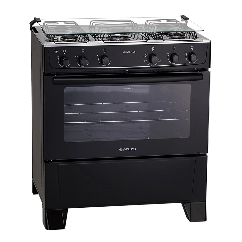 Fogão 5 Bocas Atlas Mônaco Plus com Mesa Inox e Acendimento Automático Preto Bivolt