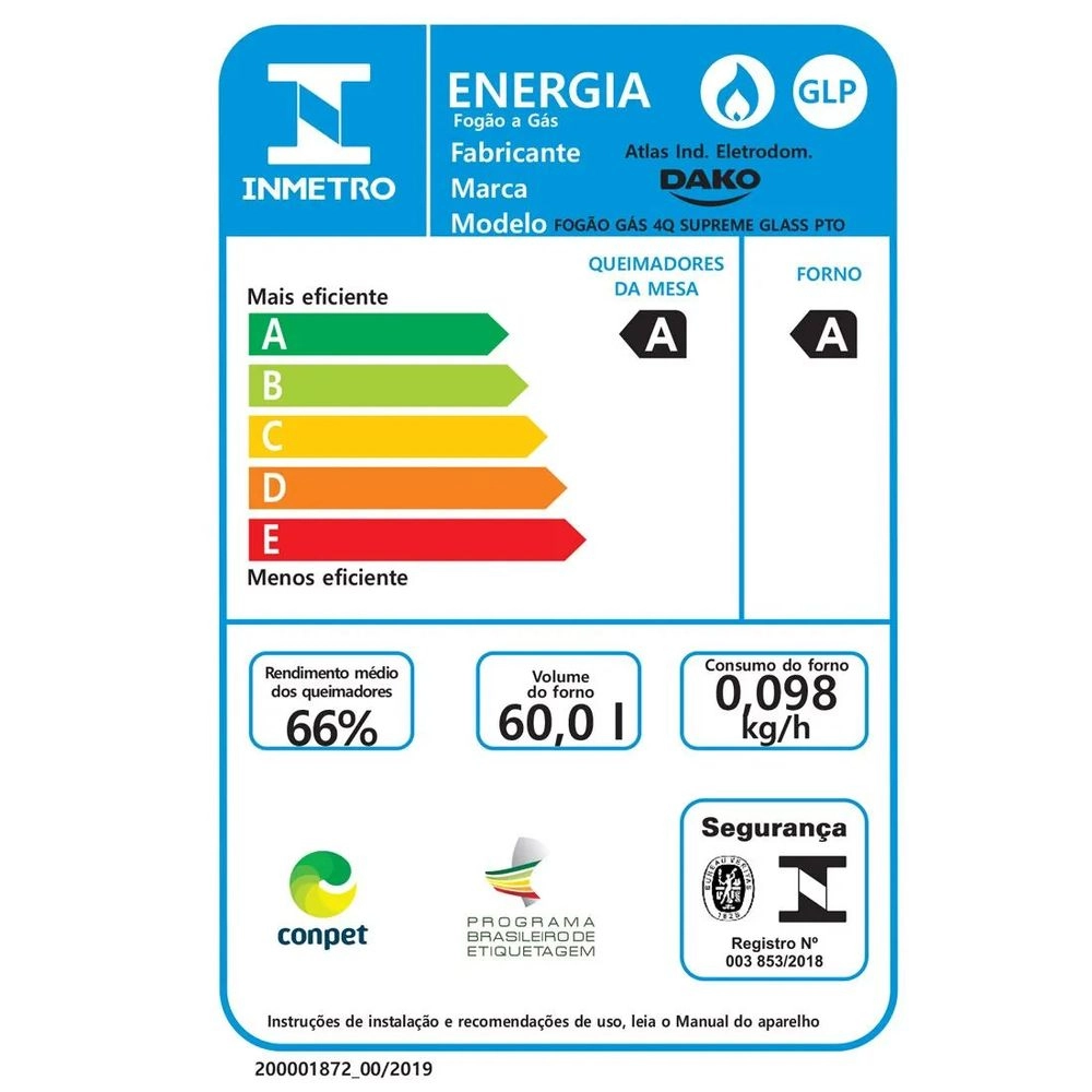 Fogão Dako Supreme Glass 4 Bocas a Gas Acendimento Automático Preto Bivolt