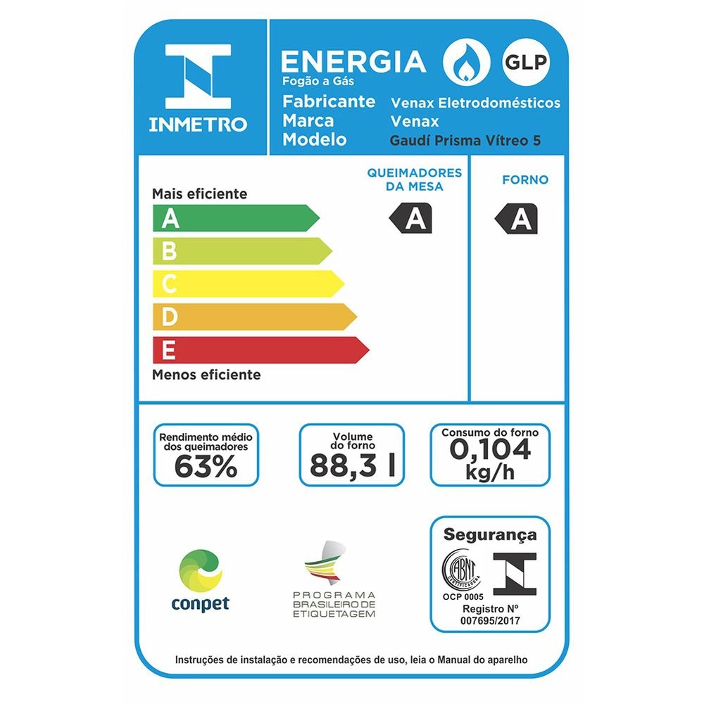 Fogão de Embutir 5 Bocas Venax Gaudi Prisma Vitreo Bl Gas Glp Inox 