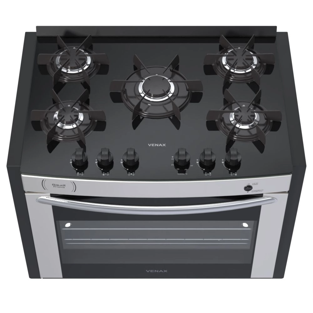 Fogão de Embutir 5 Bocas Venax Gaudi Prisma Vitreo Bl Gas Glp Inox 