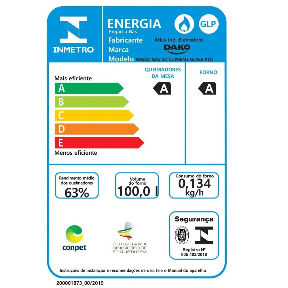 Fogão Dako Supreme Glass 5 Bocas a Gas Acendimento Automático Preto Bivolt