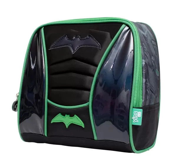 Kit Mochila Escolar Infantil de Rodinhas com Lancheira e Estojo em Pvc Holografico Batman Verde