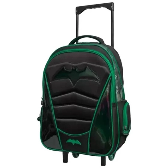 Kit Mochila Escolar Infantil de Rodinhas com Lancheira e Estojo em Pvc Holografico Batman Verde