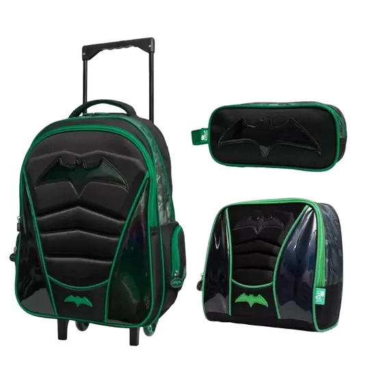 Kit Mochila Escolar Infantil de Rodinhas com Lancheira e Estojo em Pvc Holografico Batman Verde