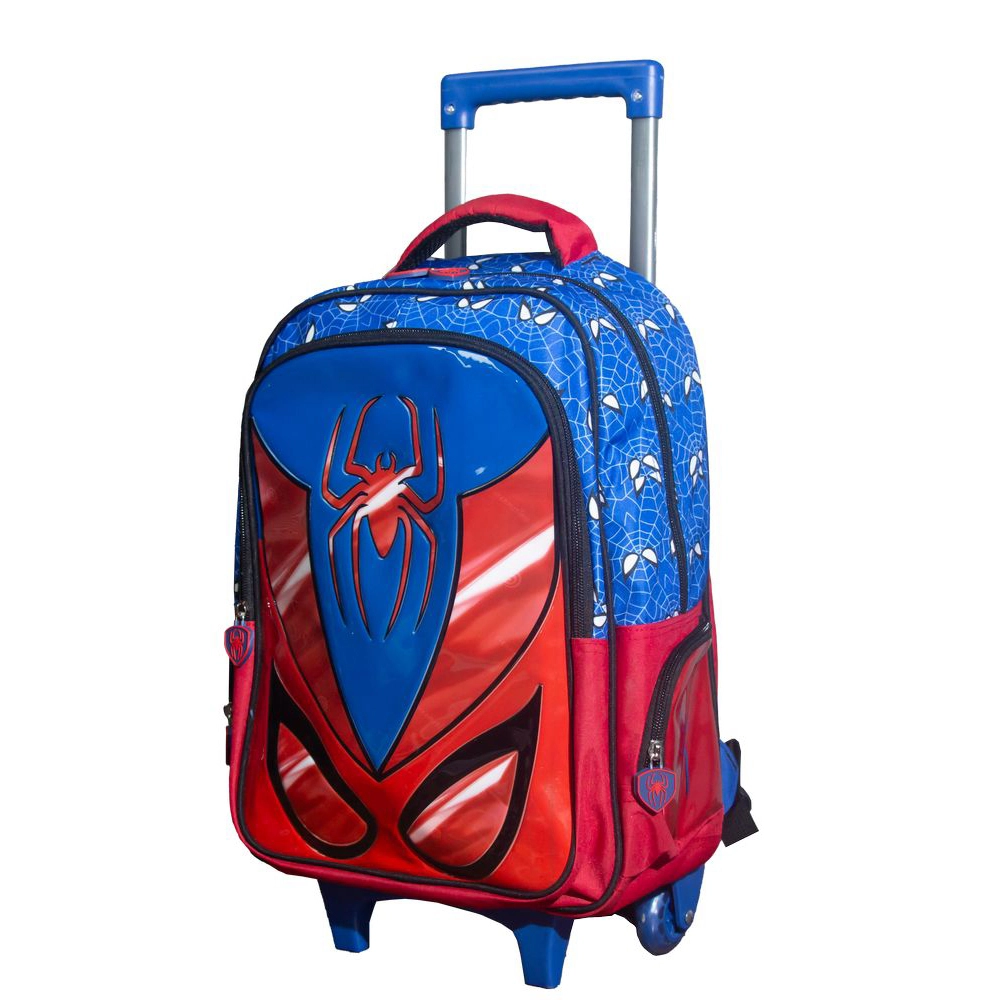 Kit Mochila Escolar Infantil de Rodinhas com Lancheira e Estojo Yins em Pvc 3d Kids Spider Azul