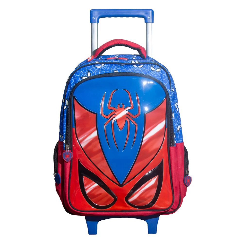 Kit Mochila Escolar Infantil de Rodinhas com Lancheira e Estojo Yins em Pvc 3d Kids Spider Azul