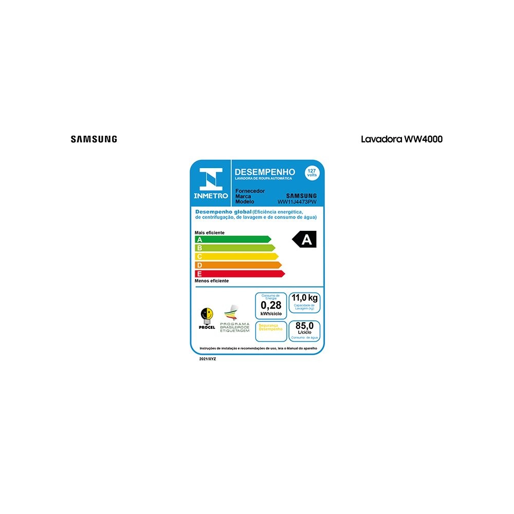 Lavadora Samsung 11kg Ww400 Digital Inverter Ww11j4473pw Branca 127v