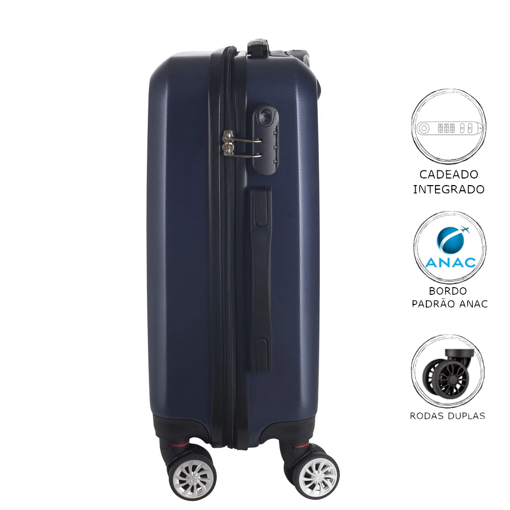 Mala de Bordo Abs para Viagem Denlex MA1225 Cadeado Integrado Rodas Duplas Giro 360º Azul 