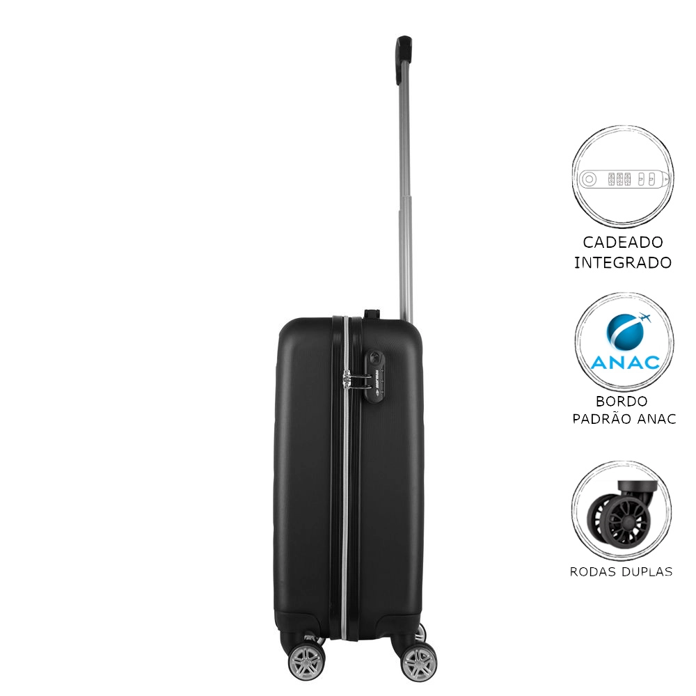 Mala de Bordo Abs para Viagem Mormaii MOR-1542 Cadeado Integrado Rodas Duplas Giro 360 Preta