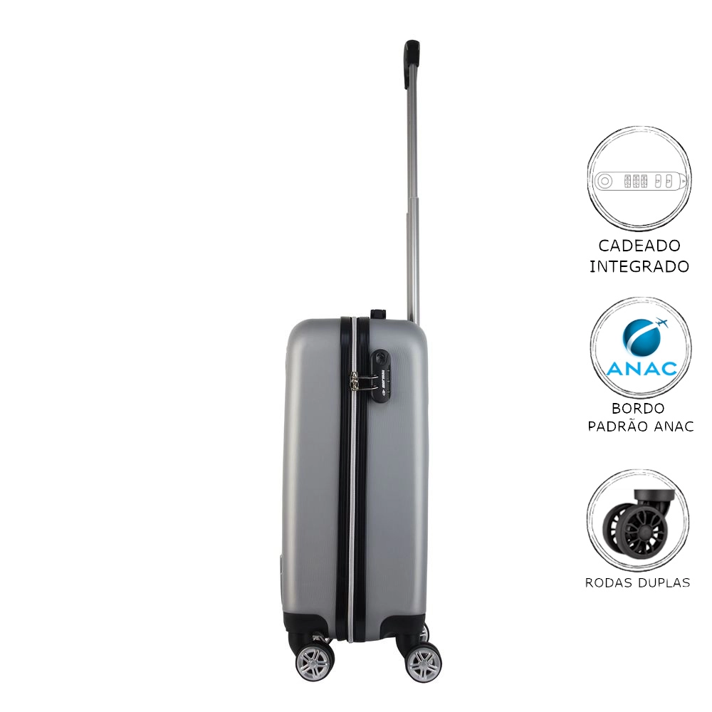 Mala de Bordo Abs para Viagem Mormaii MOR-1543 Cadeado Integrado Rodas Duplas Giro 360 Prata