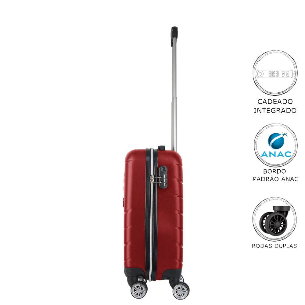 Mala de Bordo Abs para Viagem Mormaii MOR-1901 Cadeado Integrado Rodas Duplas Giro 360 Vinho