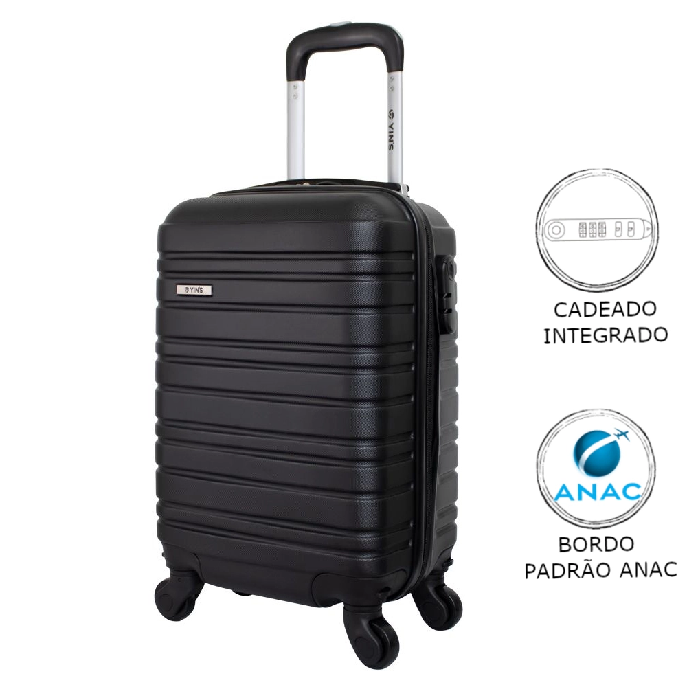 Mala de Bordo Abs para Viagem Yins 21166 Cadeado Integrado Rodas 360º Preta Tam Pp