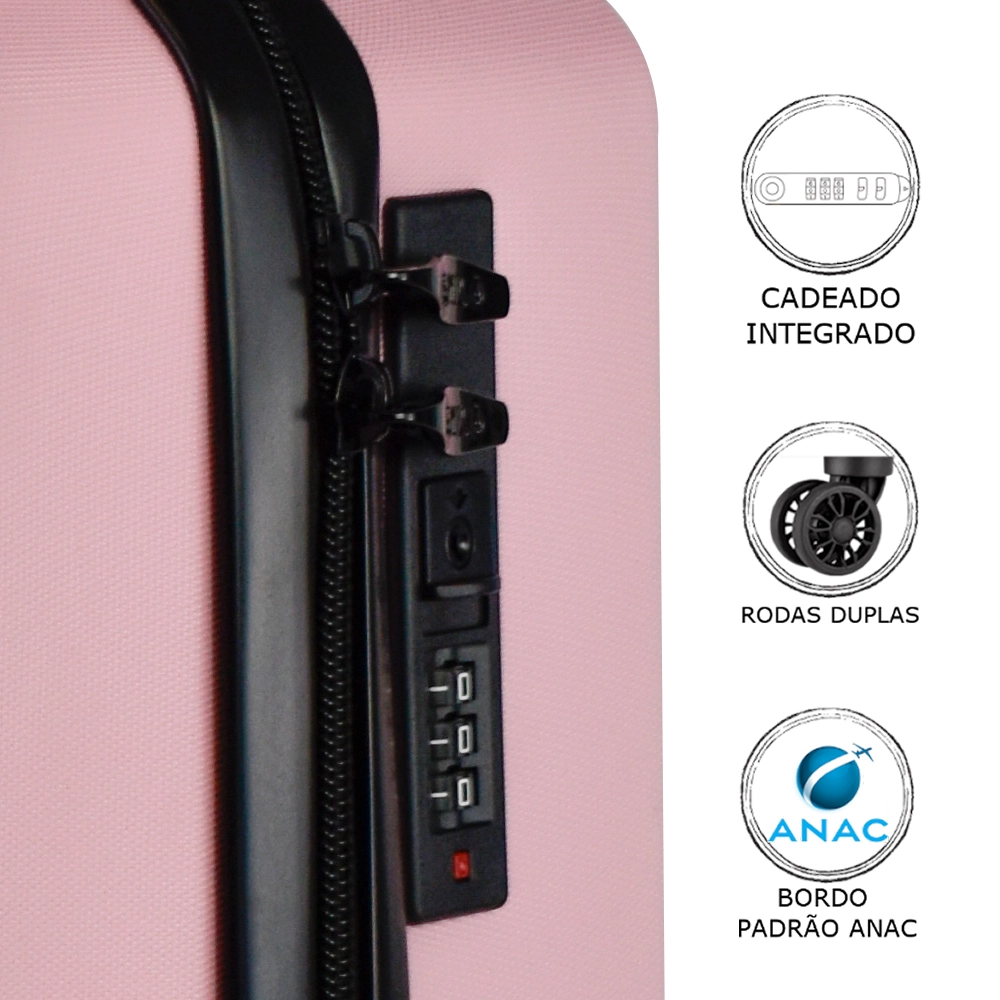 Mala de Bordo Abs para Viagem Yins Angle 21162 Cadeado Integrado Rodas Giro 360 Rosa