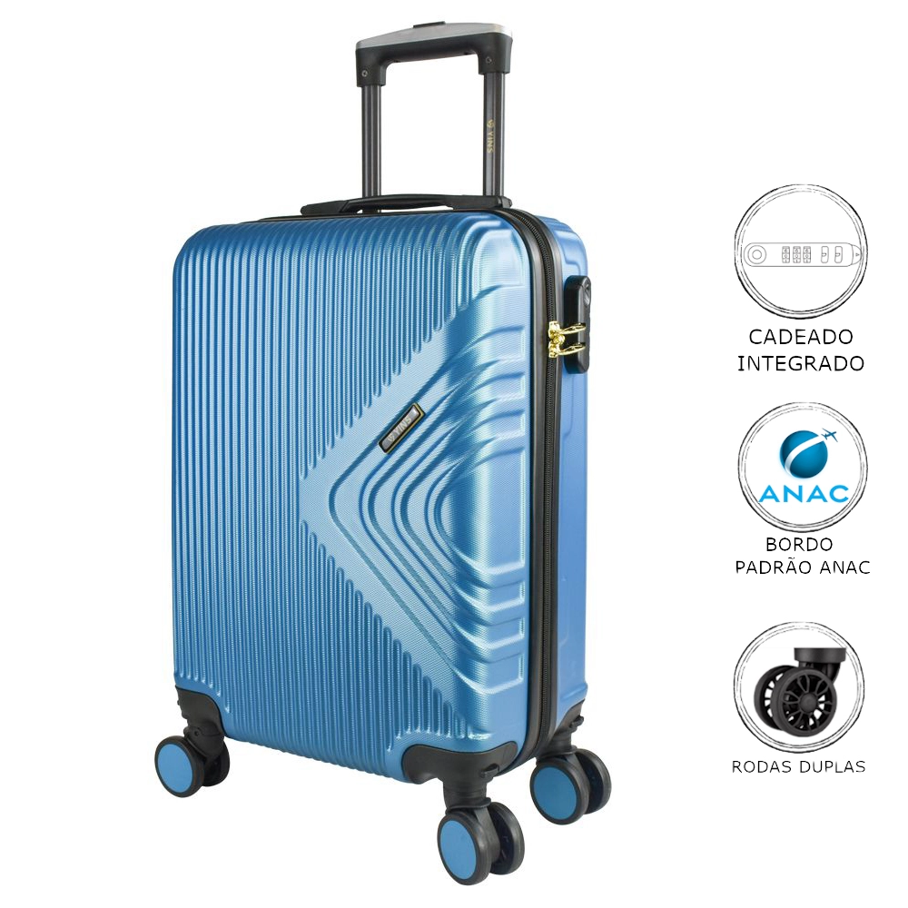 Mala de Bordo Abs para Viagem Yins Cleopátra Cadeado Embutido Rodas Duplas Giro 360º Azul