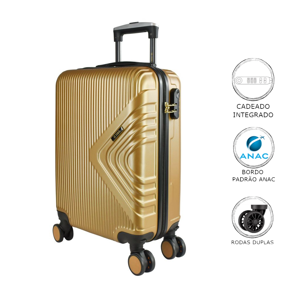 Mala de Bordo Abs para Viagem Yins Cleopátra Cadeado Integrado Rodas Duplas Giro 360 Dourado