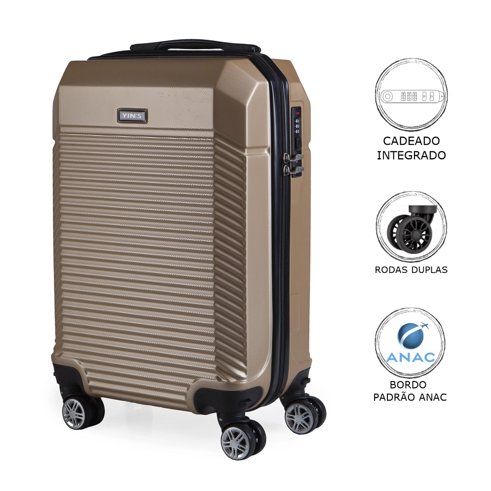 Mala de Bordo Abs para Viagem Yins YS21110 Cadeado Integrado Rodas Duplas Champagne