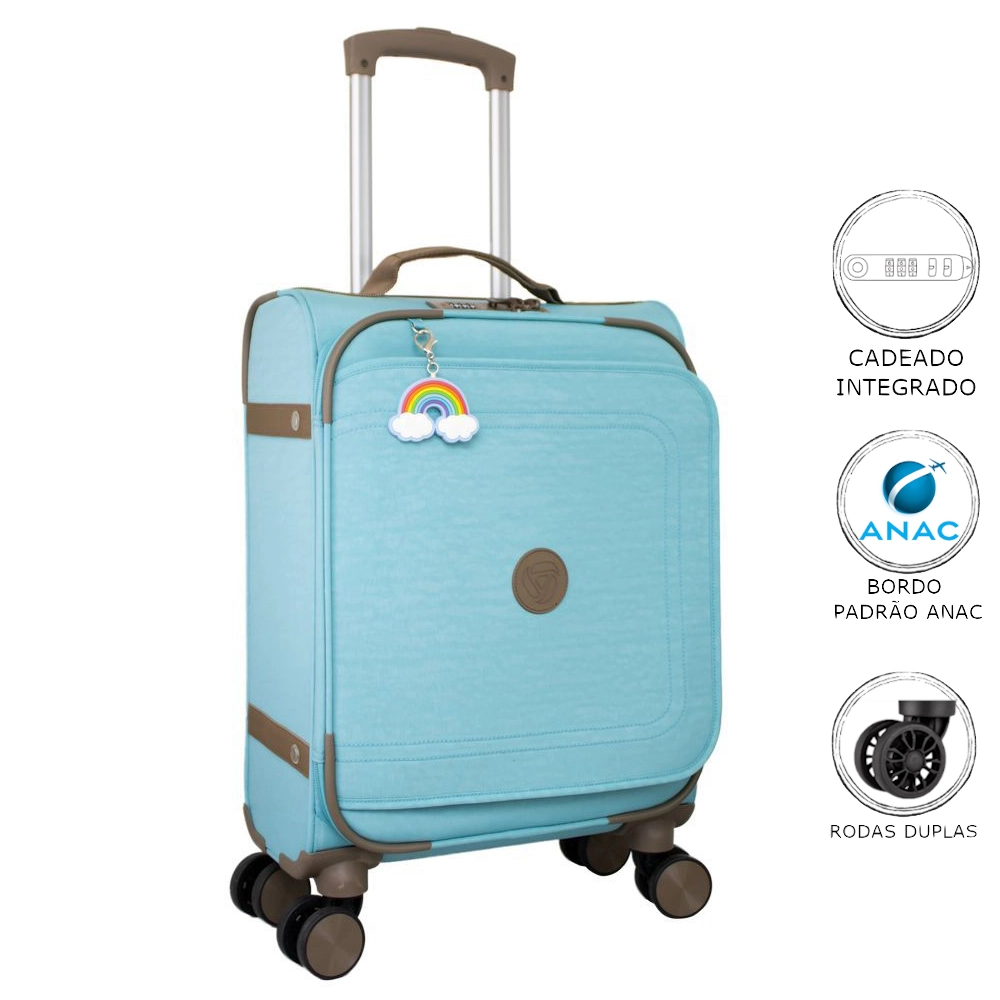 Mala de Bordo em Poliester para Viagem Yins 22030 Cadeado Integrado Rodas Duplas 360 Azul