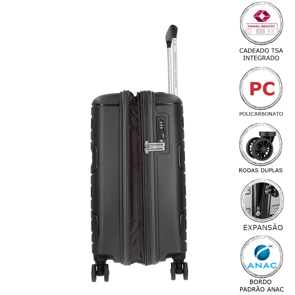 Mala de Bordo Expansível em Polipropileno American Tourister By Samsonite Sunside e Tsa Preto