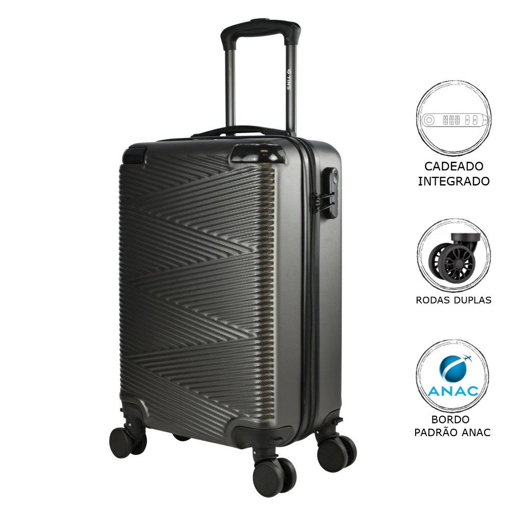 Mala de Bordo Pequena para Viagem Abs Yins 21193 Cadeado Integrado Rodas Duplas Giro 360 Cinza