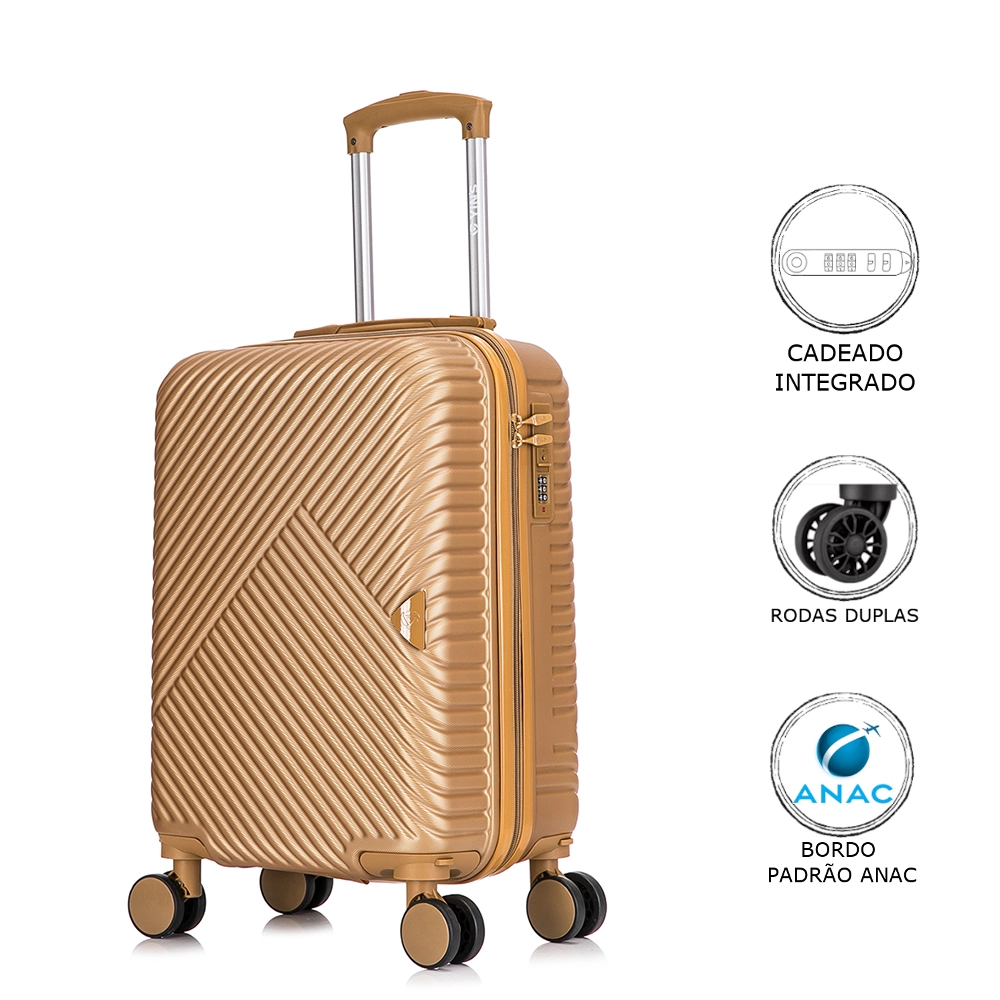 Mala de Bordo Pequena para Viagem Abs Yins YS21177 Cadeado Integrado Rodas Duplas Giro 360º Dourado