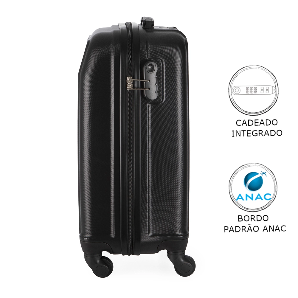 Mala de Bordo Pequena para Viagem Continental em Abs, Cadeado Embutido, Rodas Giro 360  Ika Preta