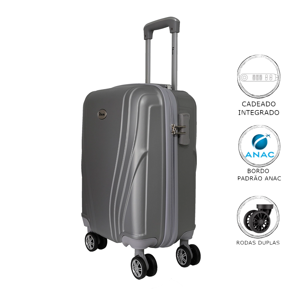 Mala de Bordo Pequena para Viagem em Abs Ika Vanguard Cadeado Integrado Rodas Duplas 360º Cinza