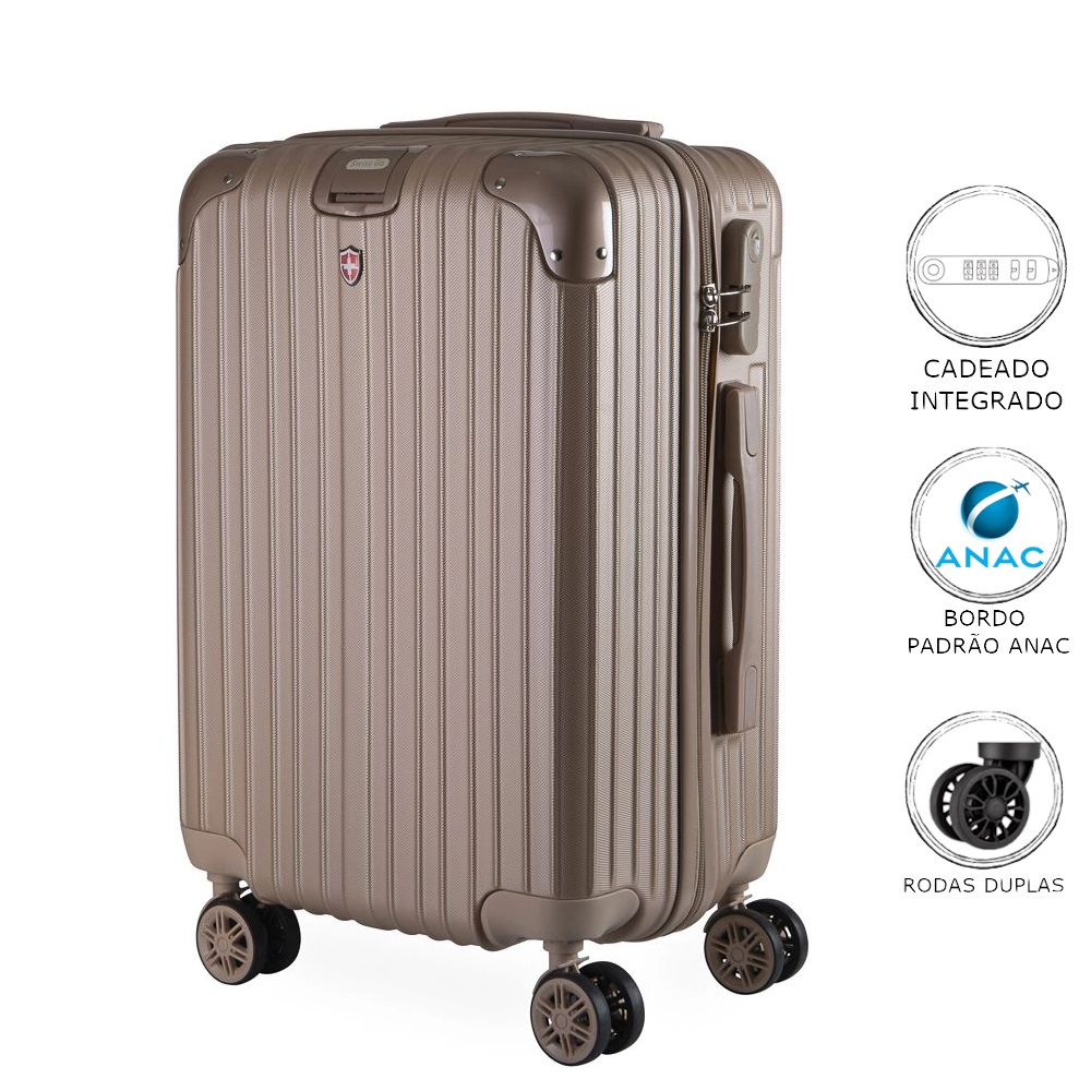 Mala de Bordo Pequena para Viagem em Abs Swiss Go Suiça Cadeado Integrado Rodas Giro 360º Dourado