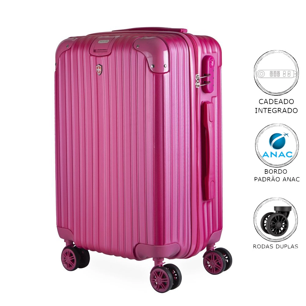 Mala de Bordo Pequena para Viagem em Abs Swiss Go Suiça Cadeado Integrado Rodas Giro 360º Rosa