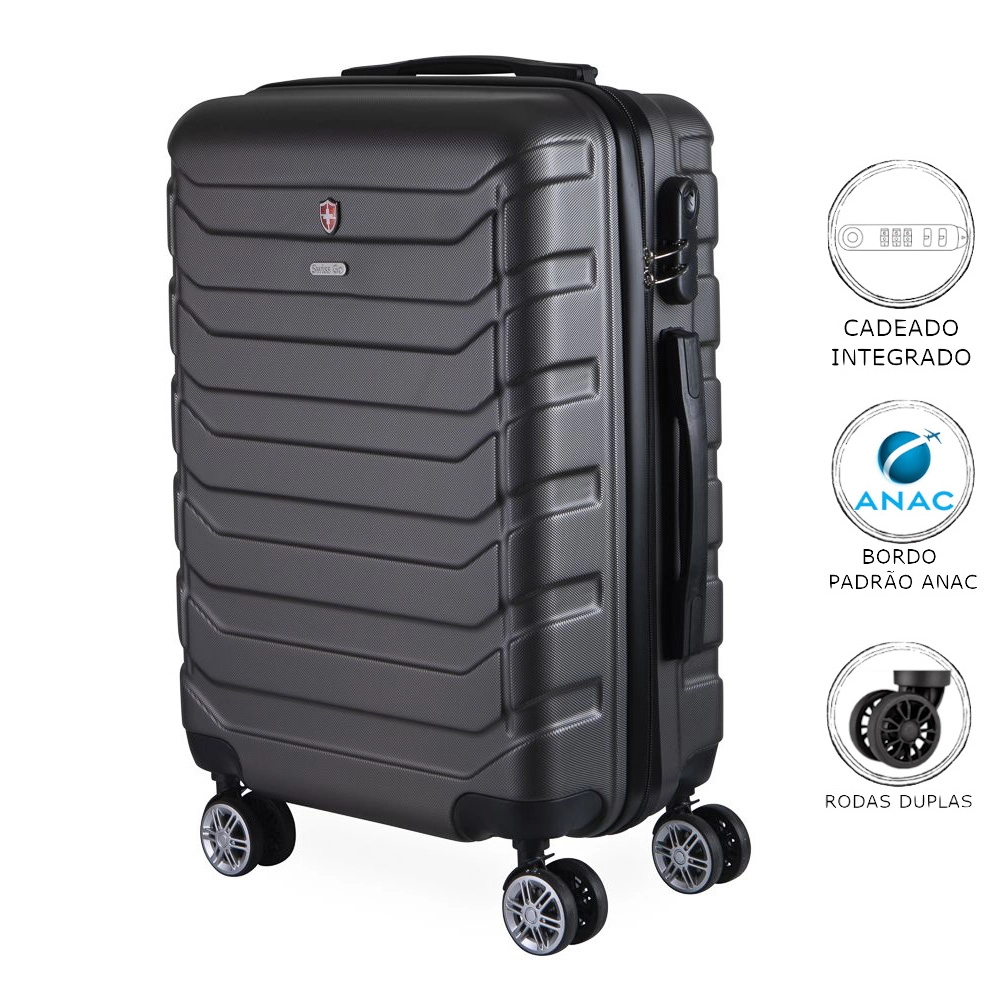 Mala de Bordo Pequena para Viagem em Abs Swiss Go Viena Cadeado Integrado Rodas Giro 360º Cinza