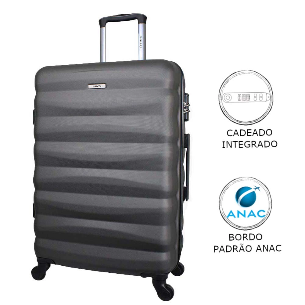 Mala de Bordo Pequena para Viagem em Abs Yins 21089 Cadeado Integrado Rodas Giro 360° Cinza