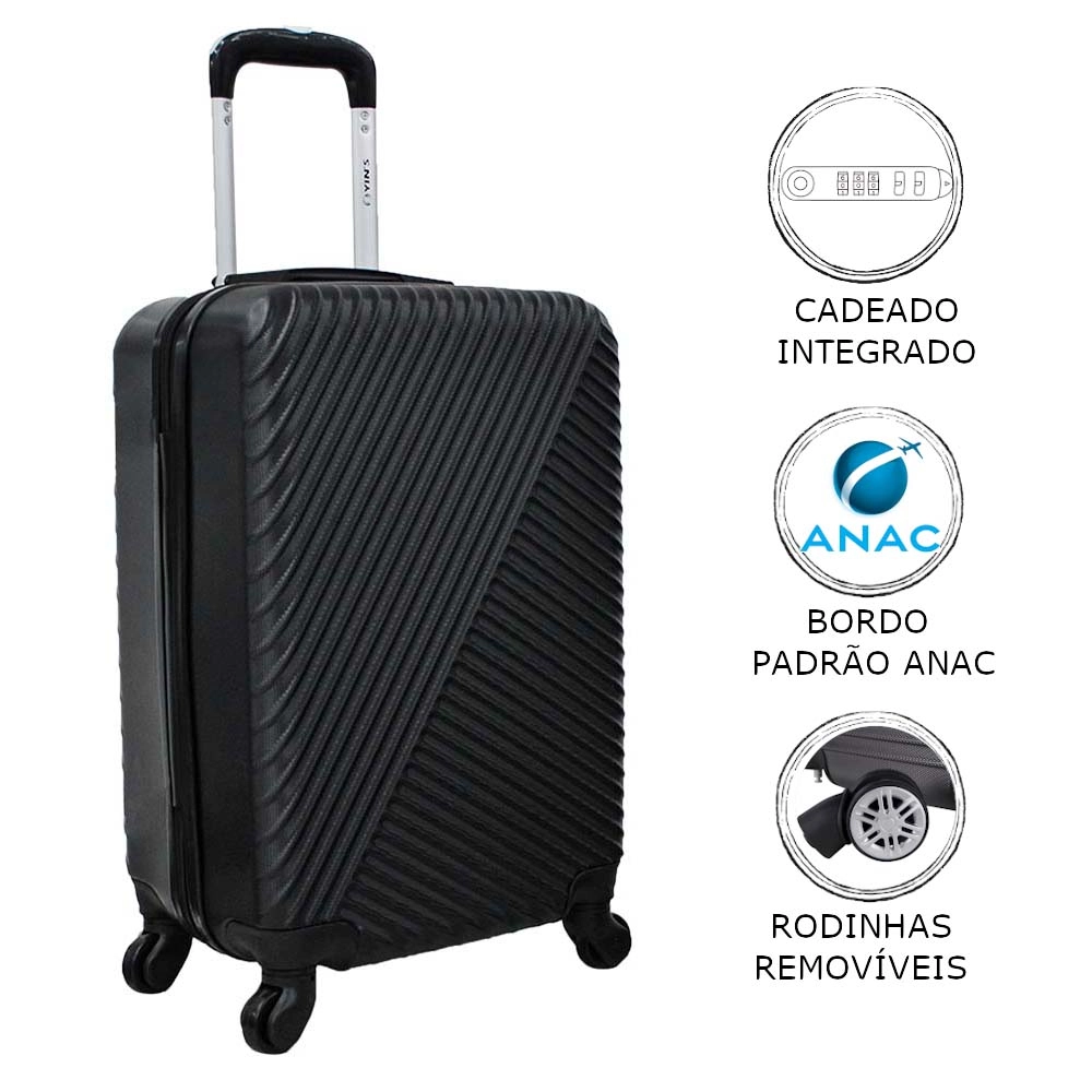 Mala de Bordo Pequena para Viagem em Abs Yins YS21037 Cadeado Integrado Rodas Giro 360 Preto