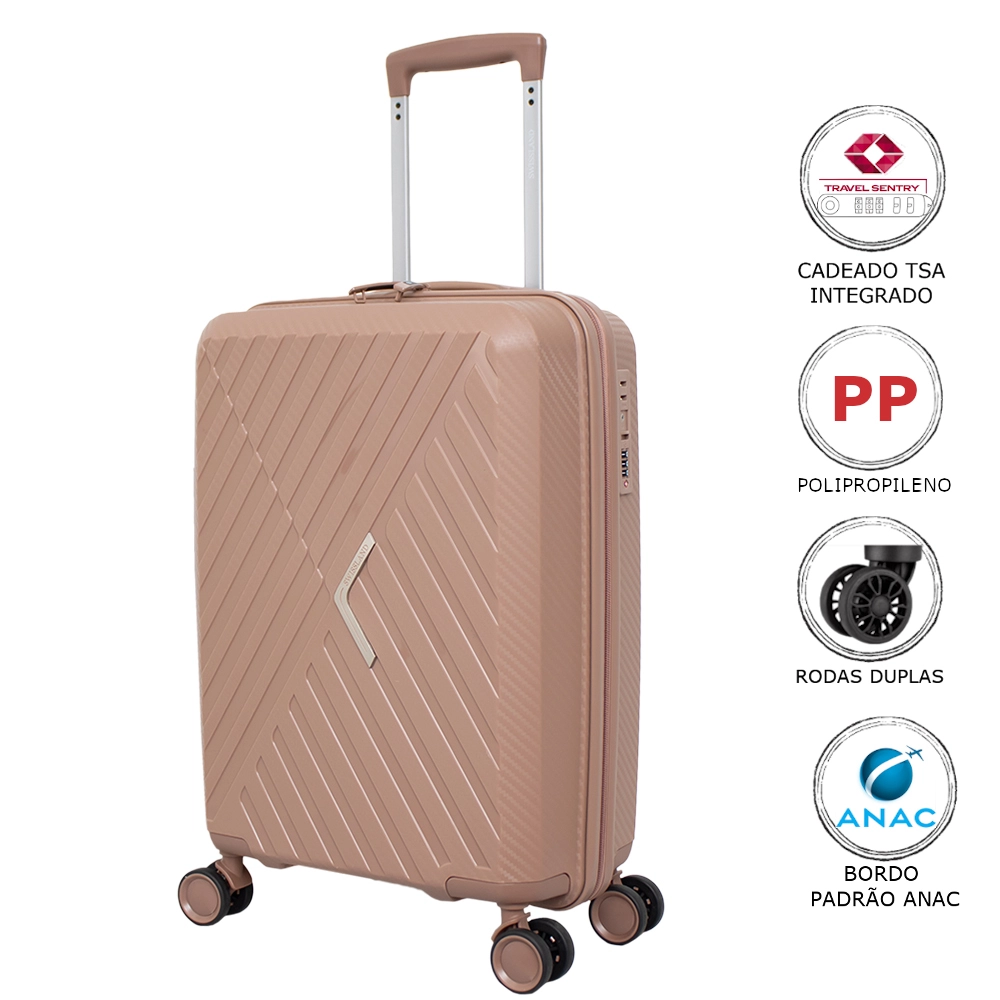 Mala de Bordo Polipropileno para Viagem Yins 21206 Cadeado Tsa Rodas Duplas Giro 360 Rose
