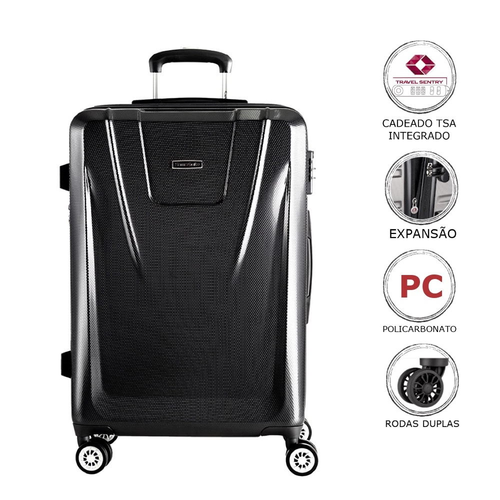 Mala de Viagem Grande Expansível em Policarbonato Samsonite Derby Cadeado Tsa e Rodas Duplas Preta