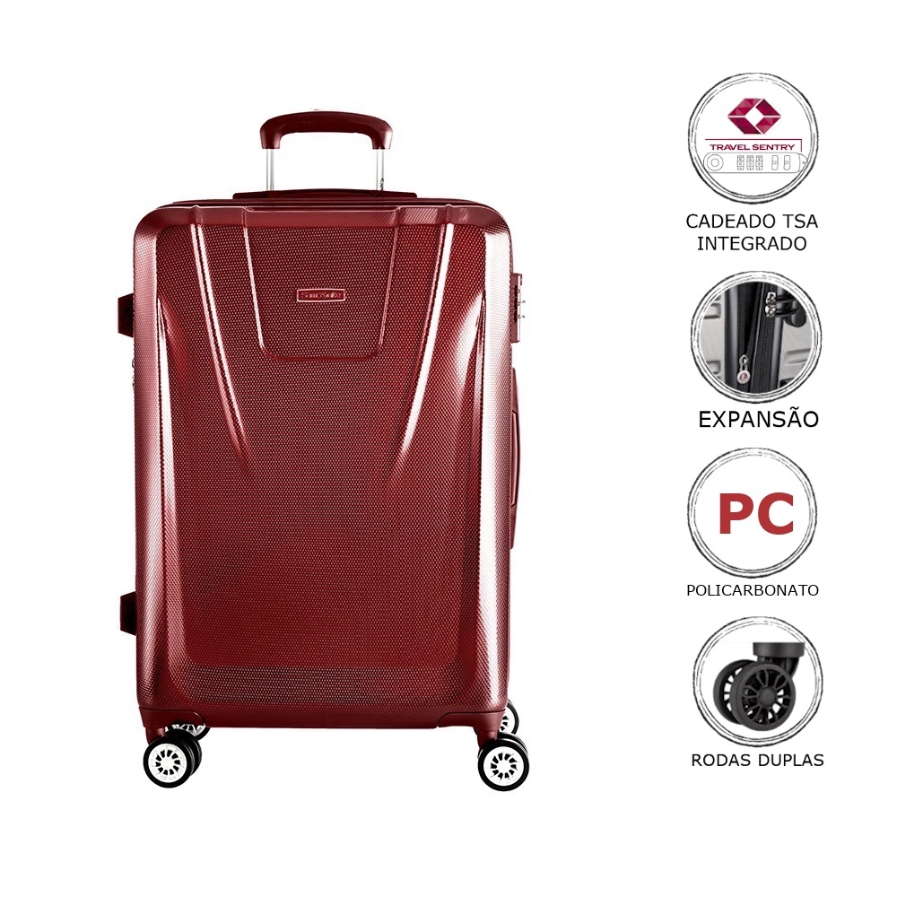 Mala de Viagem Grande Expansível em Policarbonato Samsonite Derby Cadeado Tsa e Rodas Duplas Vermelha