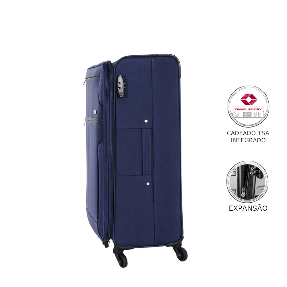 Mala de Viagem Grande Expansível Poliester Samsonite Bahia Cadeado Tsa e Rodas 360 Azul