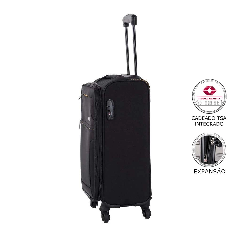 Mala de Viagem Media Expansível Poliester Samsonite Bahia Cadeado Tsa Rodas 360 Preta