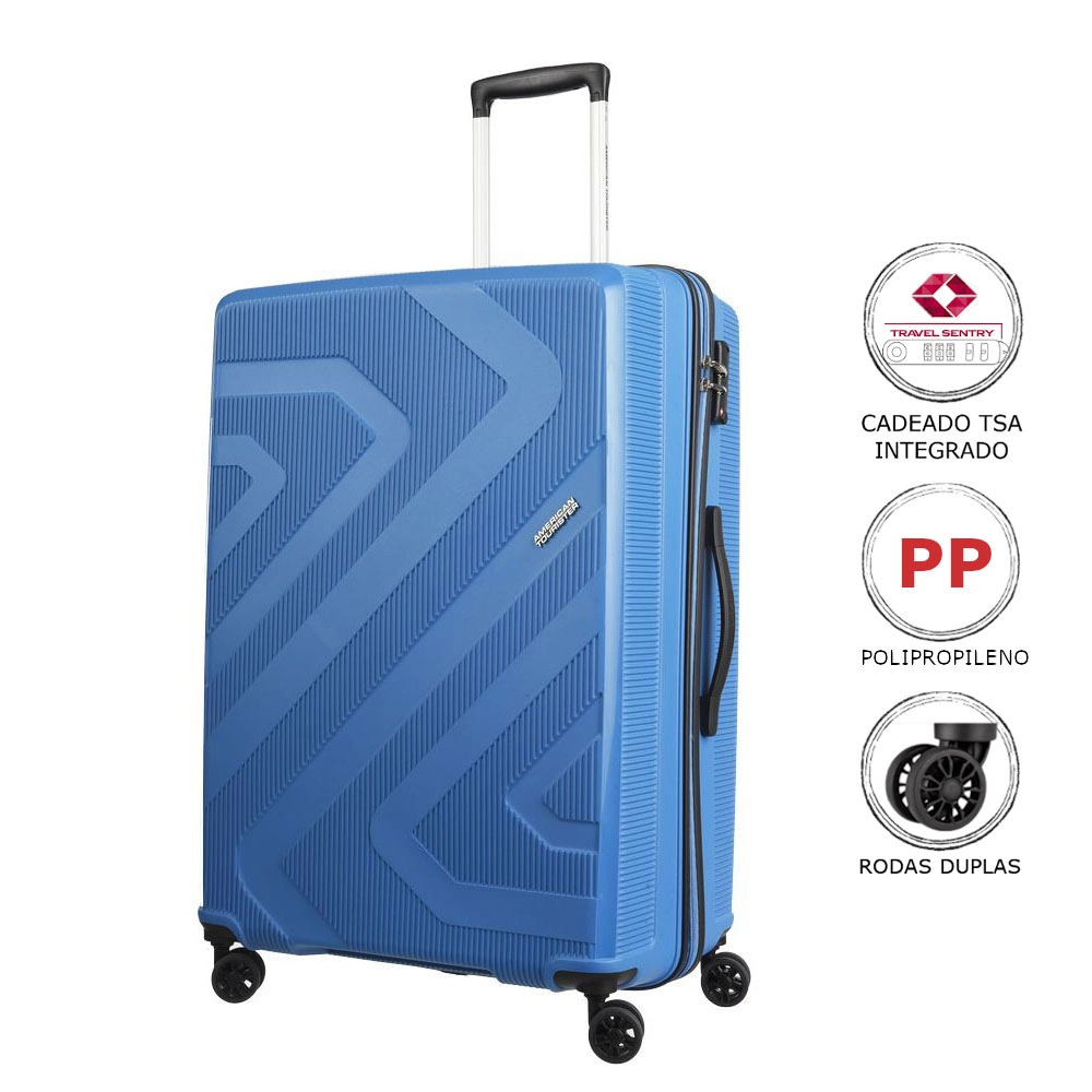 Mala Grande para Viagem Polipropileno American Tourister Camboriu Cadeado Tsa Rodas 360º Azul