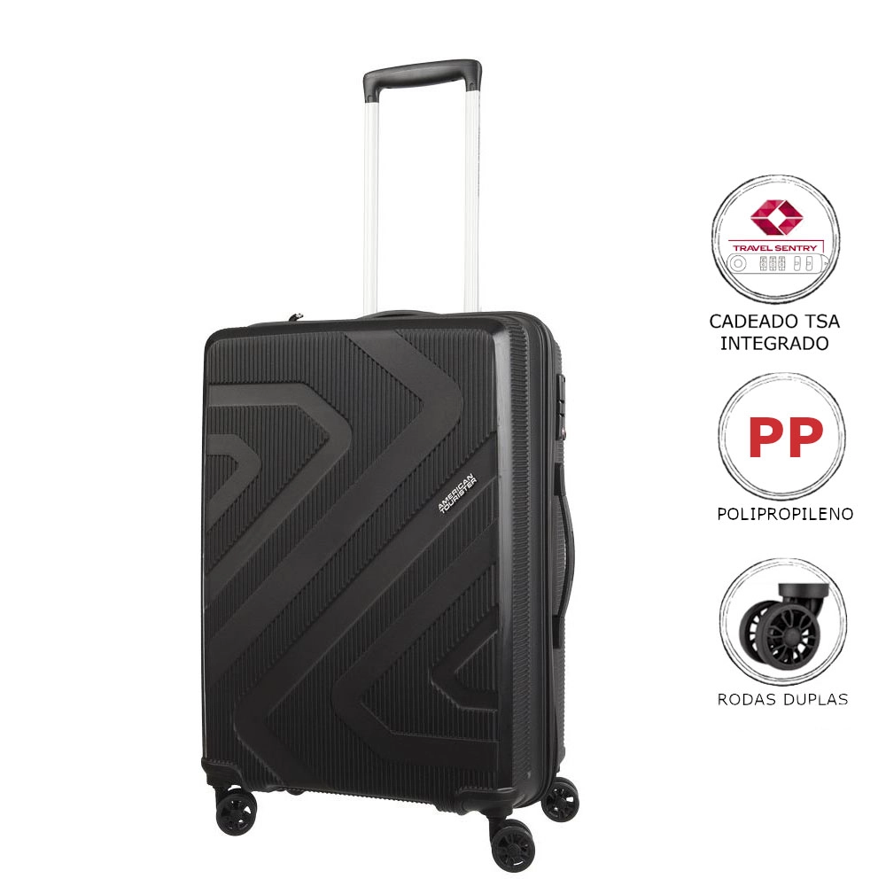 Mala Média para Viagem Polipropileno American Tourister Camboriu Cadeado Tsa Rodas 360º Preta