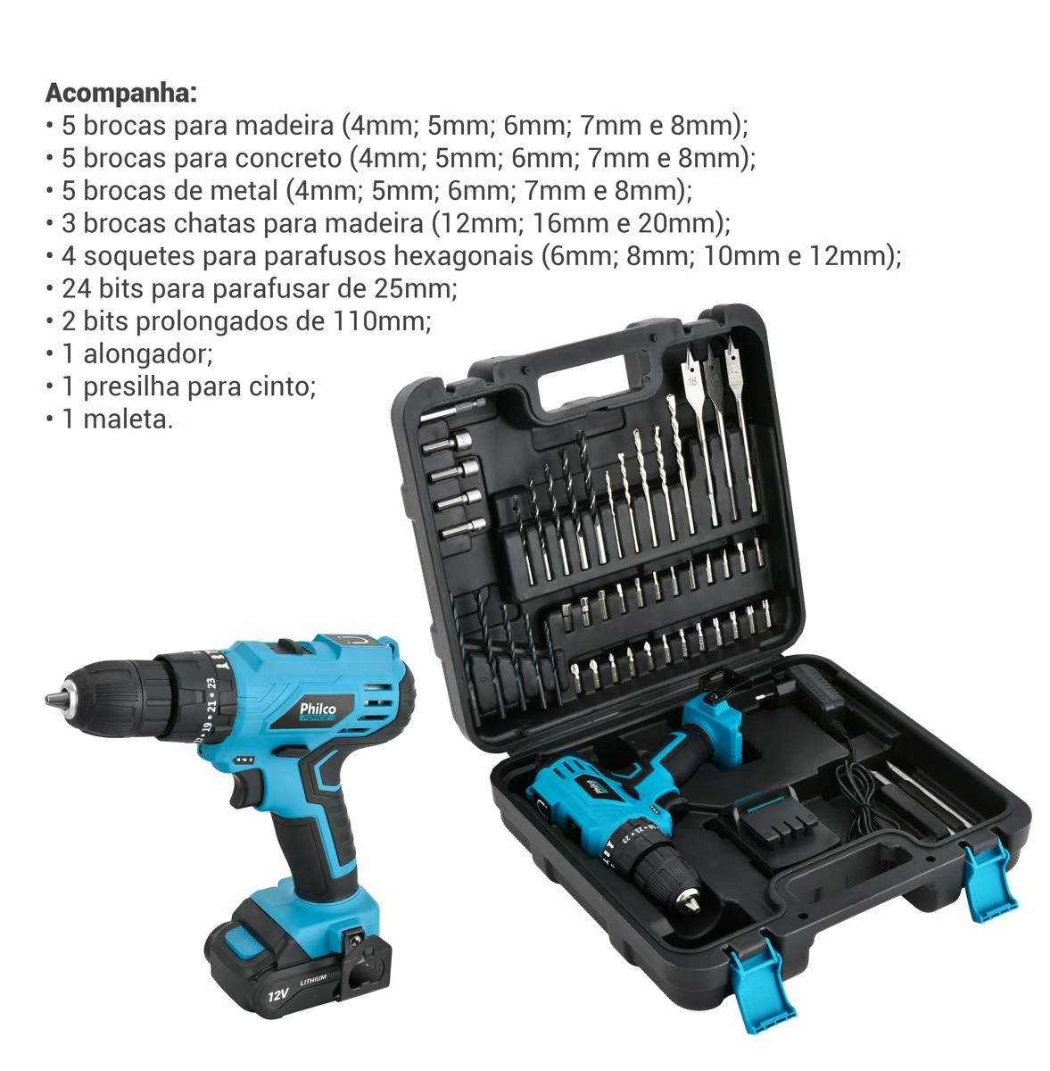 Furadeira e Parafusadeira Philco Force PPF120MF 3 em 1 com Maleta e Acessórios Azul Bivolt