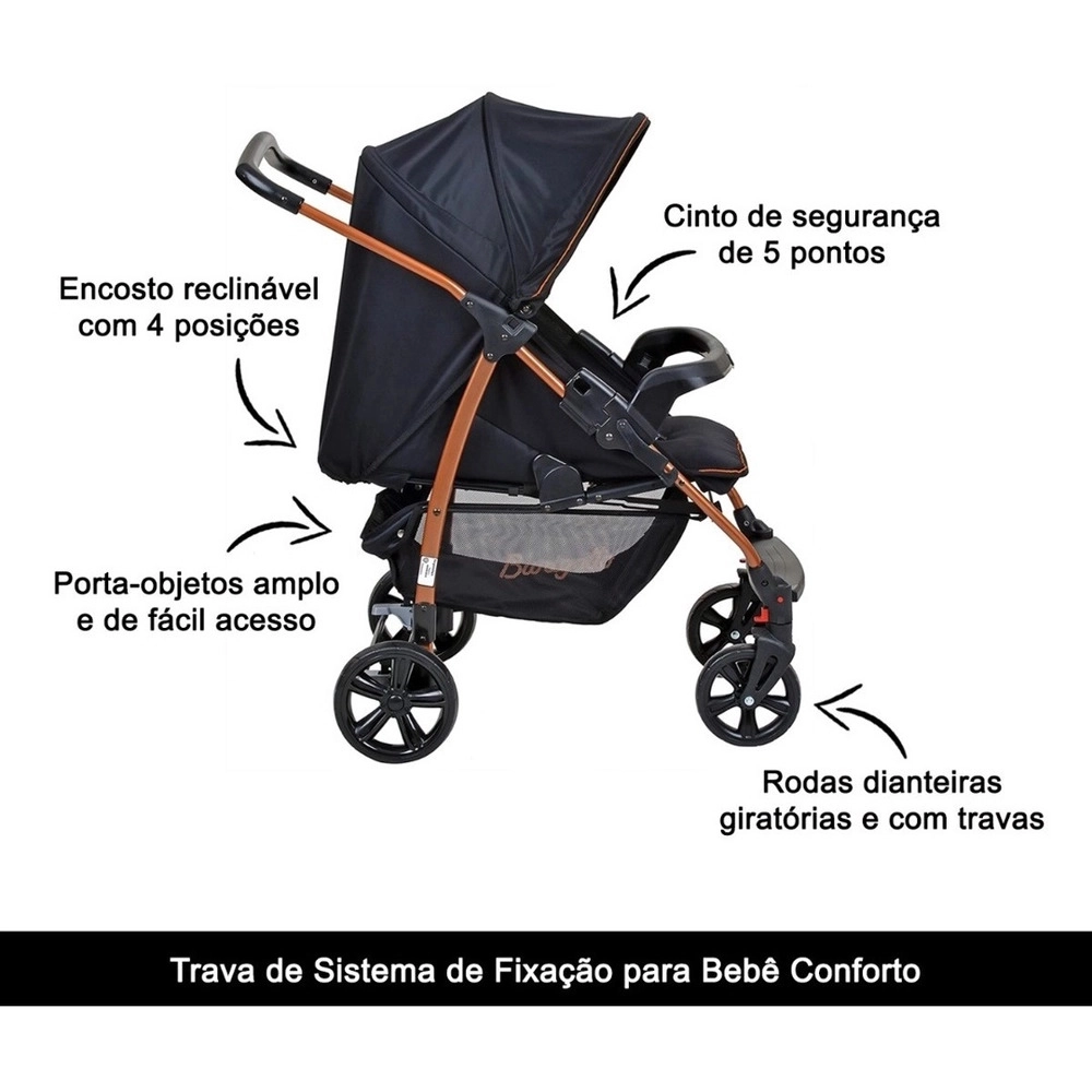 Travel System Burigotto Carrinho de Bebê com Bebê Conforto Ecco + Touring X Preto com Cobre